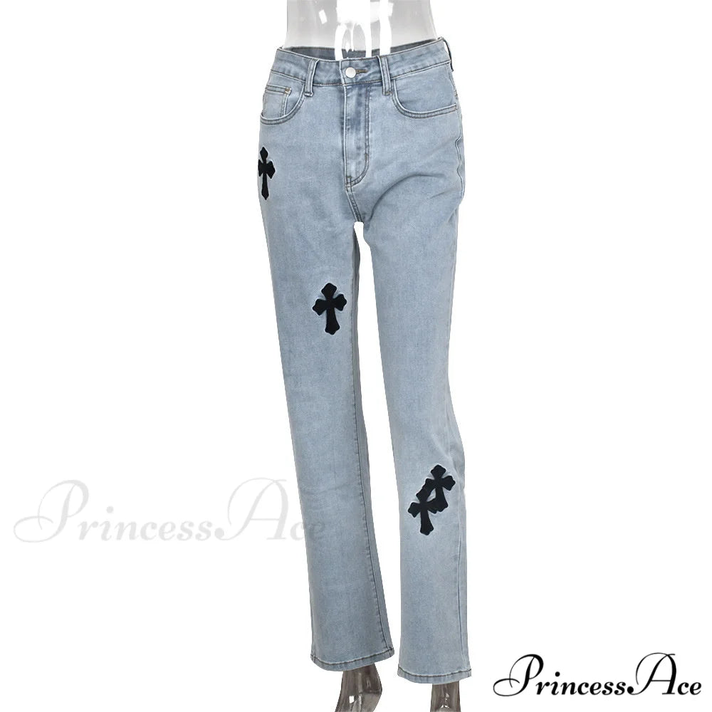 Casual Cross Printed Baggy Jeans