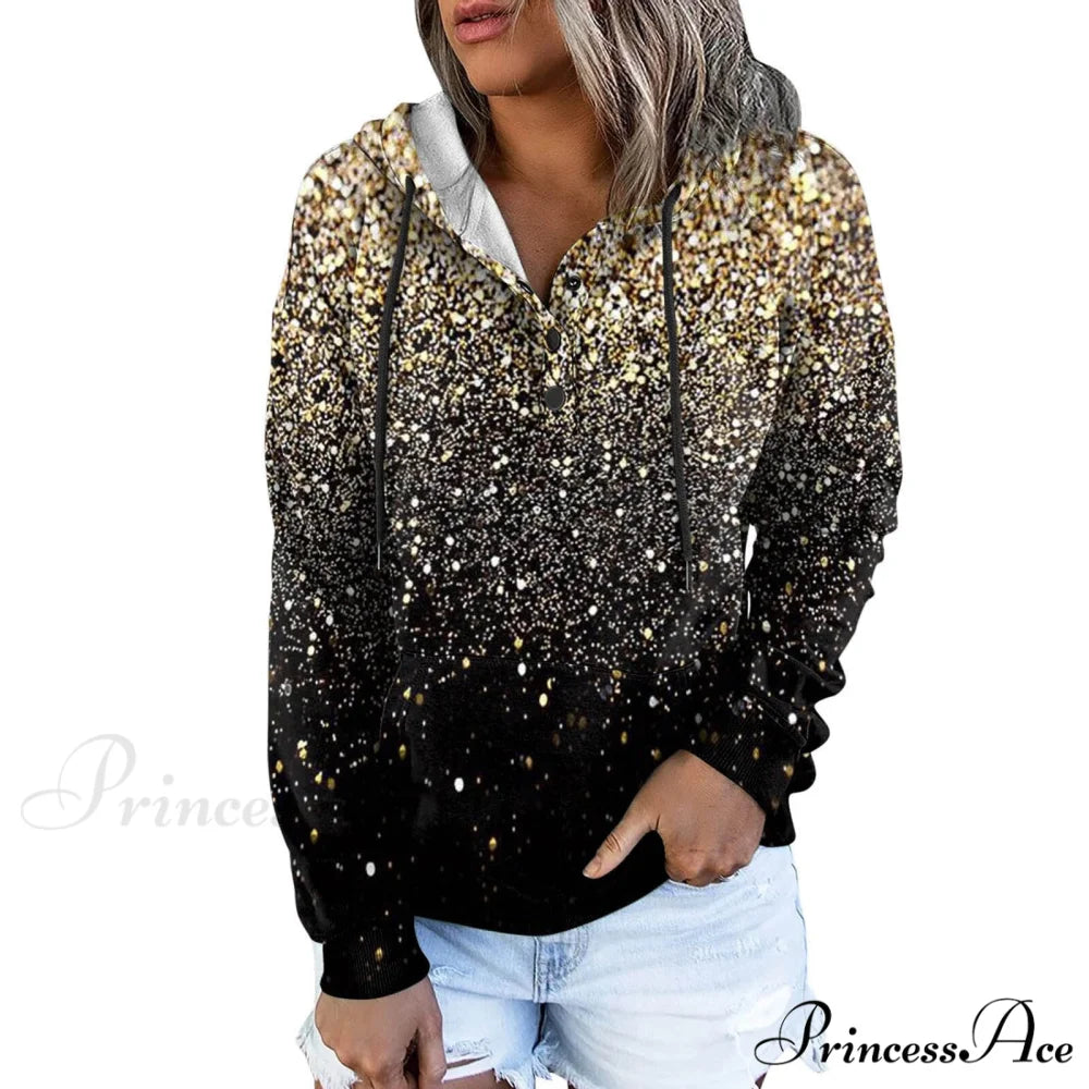 Casual Drawstring Button Sequins Printed Hooded Sweatshirts