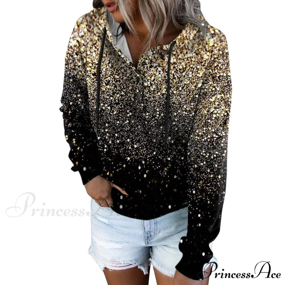 Casual Drawstring Button Sequins Printed Hooded Sweatshirts