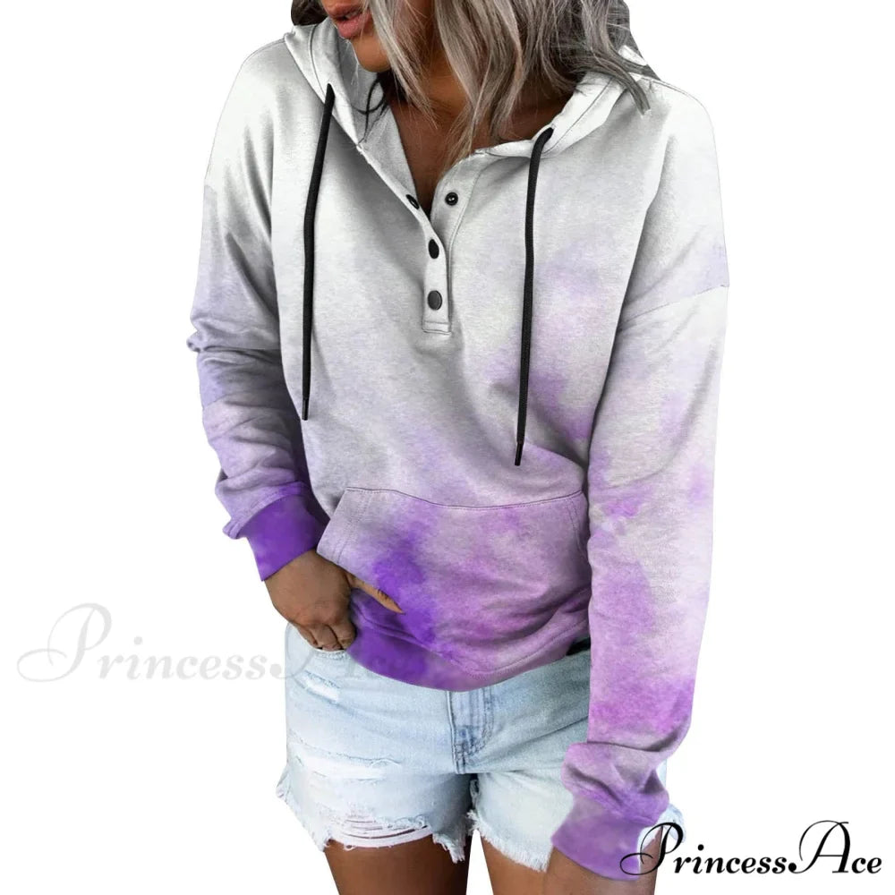 Casual Drawstring Button Sequins Printed Hooded Sweatshirts