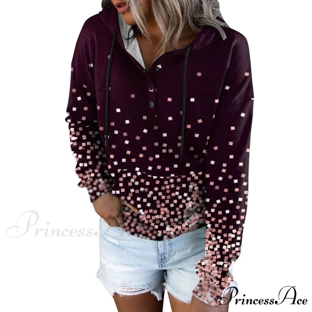 Casual Drawstring Button Sequins Printed Hooded Sweatshirts