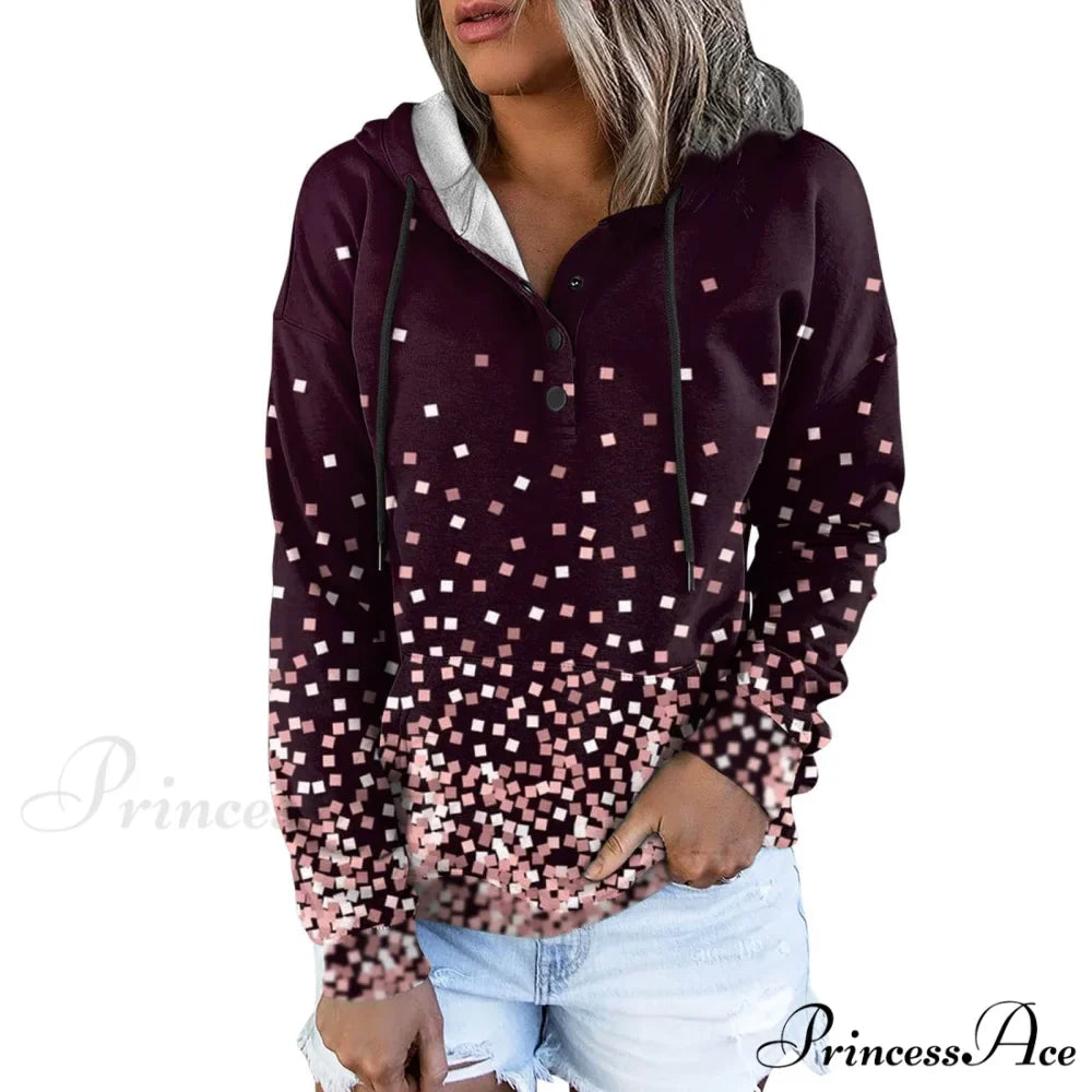 Casual Drawstring Button Sequins Printed Hooded Sweatshirts
