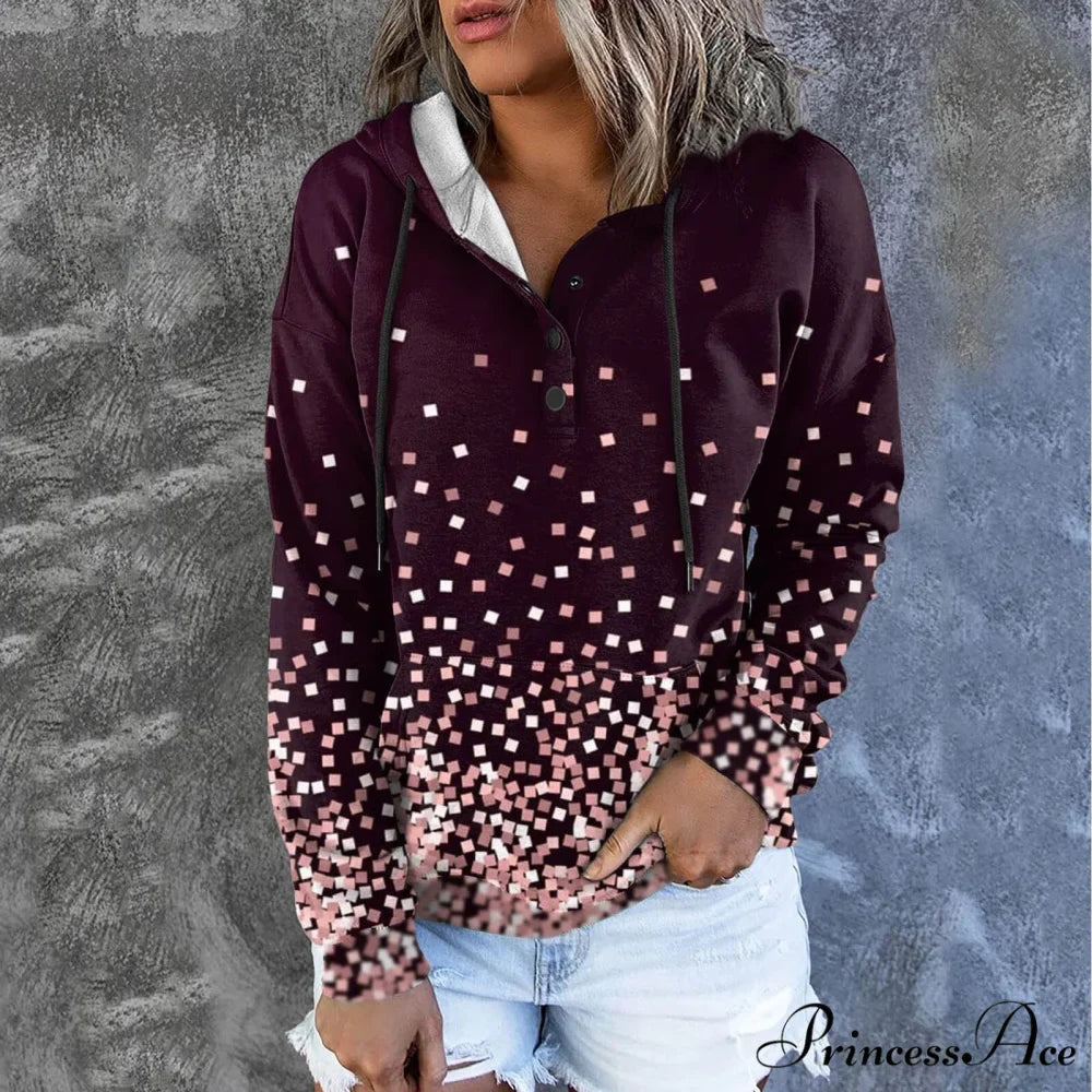 Casual Drawstring Button Sequins Printed Hooded Sweatshirts