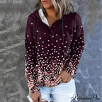 Casual Drawstring Button Sequins Printed Hooded Sweatshirts