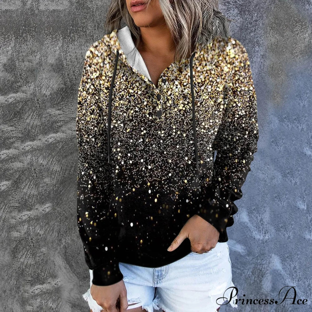 Casual Drawstring Button Sequins Printed Hooded Sweatshirts