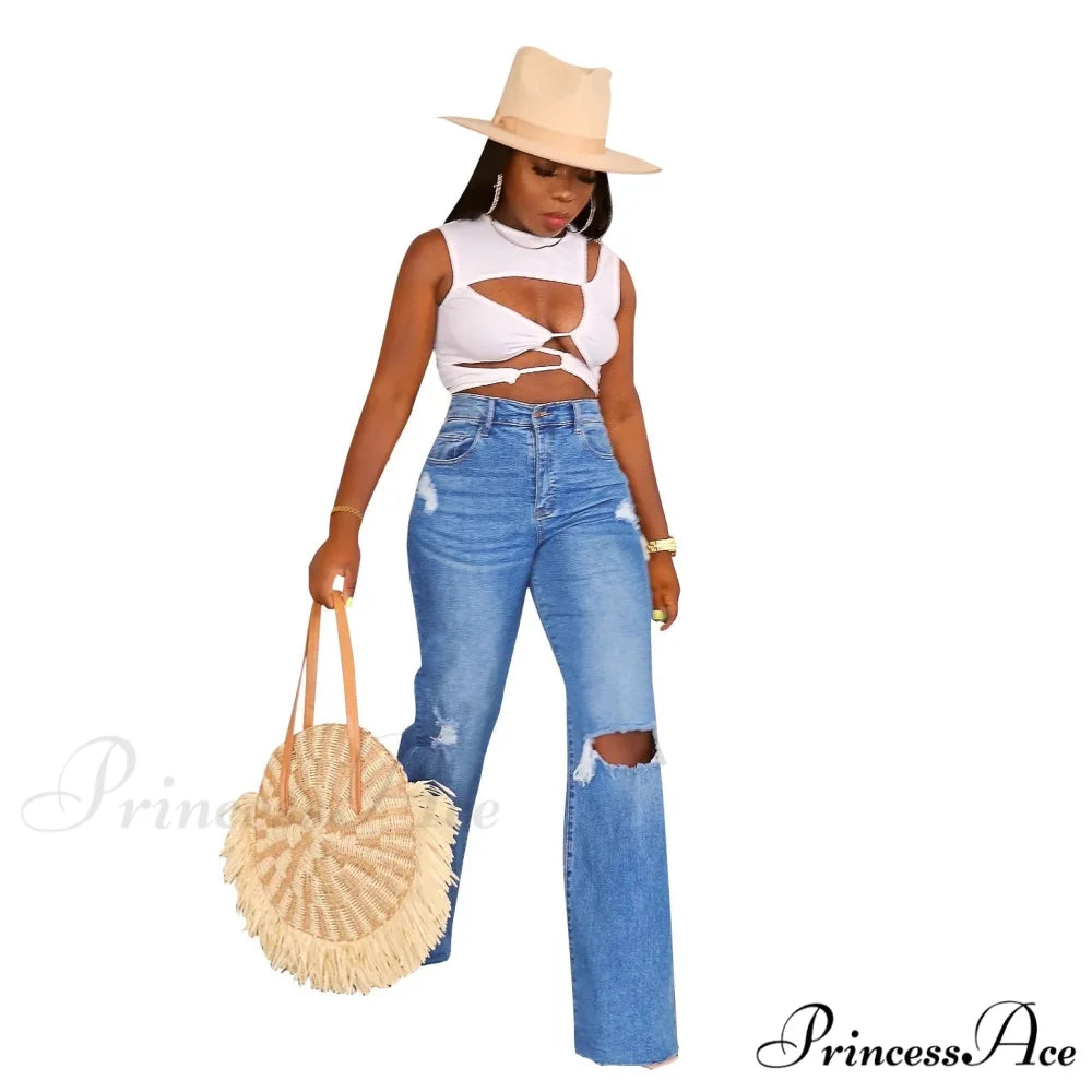 Casual High Waist Wide Leg Pants Loose Fashion Women's Street Ripped Plus Size Mom Denim Trousers 2024 Ladies Pants Jean