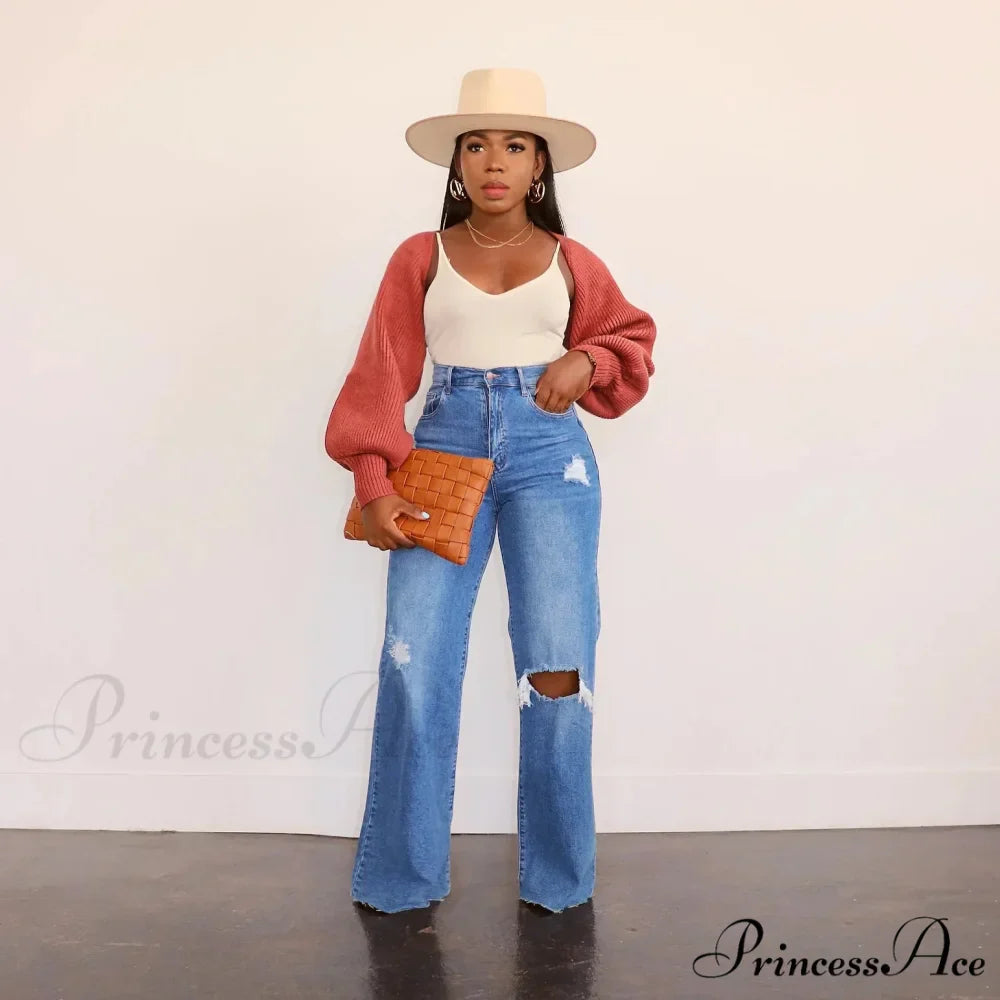 Casual High Waist Wide Leg Pants Loose Fashion Women's Street Ripped Plus Size Mom Denim Trousers 2024 Ladies Pants Jean