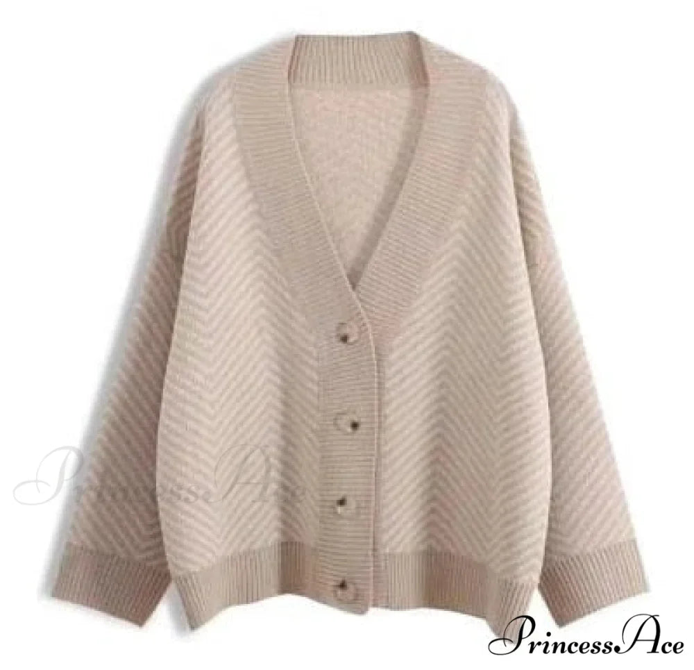 Casual Knitted Cardigan Oversize Button Front Contrast Stripe Cardigan