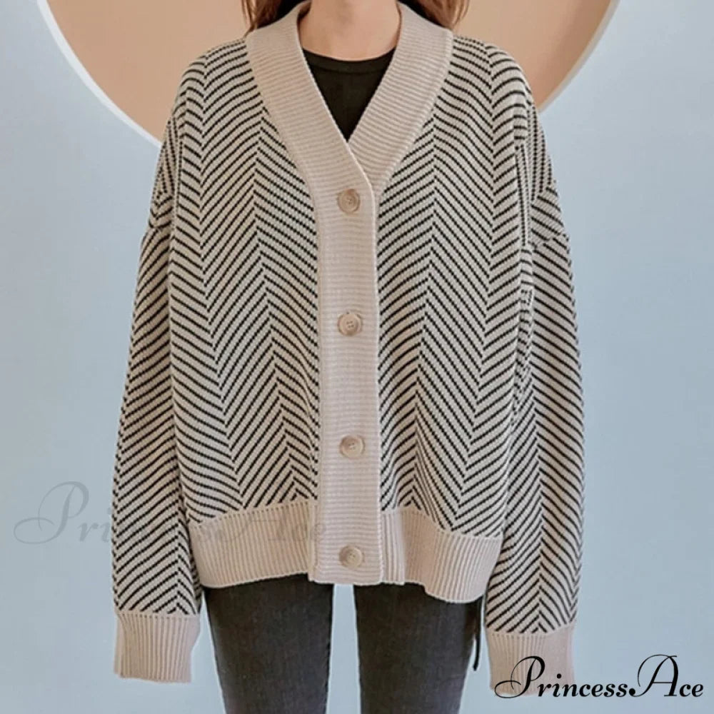 Casual Knitted Cardigan Oversize Button Front Contrast Stripe Cardigan
