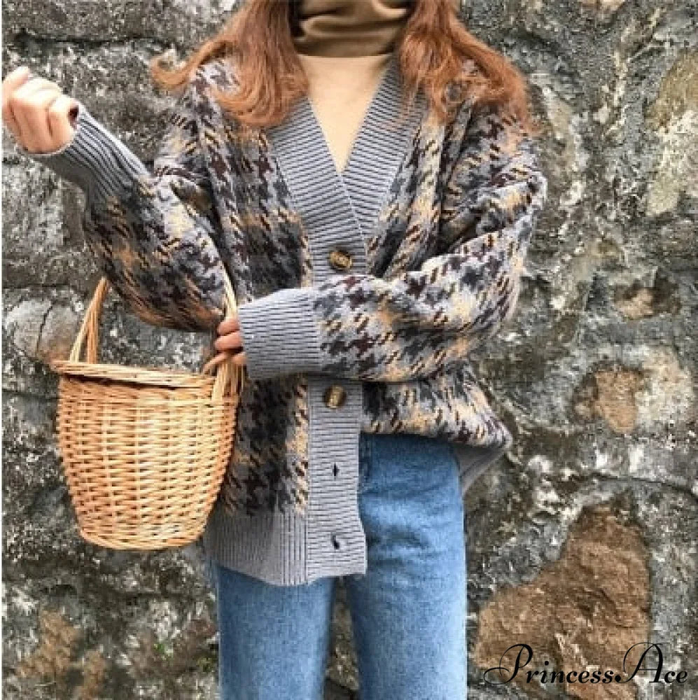 Casual Knitted Cardigan Oversize Button Front Contrast Stripe Cardigan