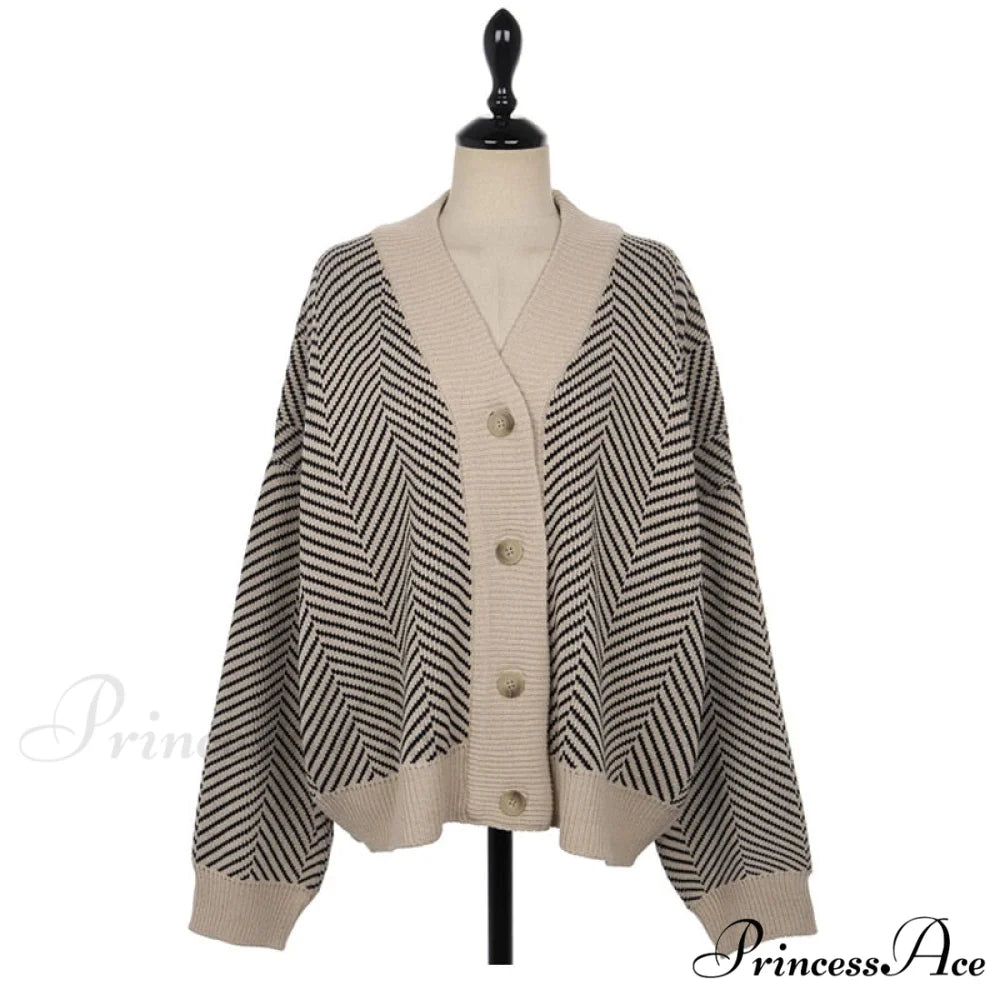 Casual Knitted Cardigan Oversize Button Front Contrast Stripe Cardigan
