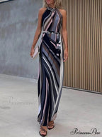 Casual Loose Halterneck Striped Graceful Gradient Print Maxi Dress