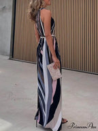 Casual Loose Halterneck Striped Graceful Gradient Print Maxi Dress