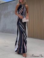 Casual Loose Halterneck Striped Graceful Gradient Print Maxi Dress