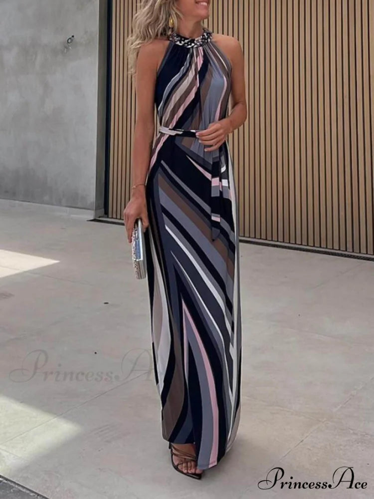 Casual Loose Halterneck Striped Graceful Gradient Print Maxi Dress