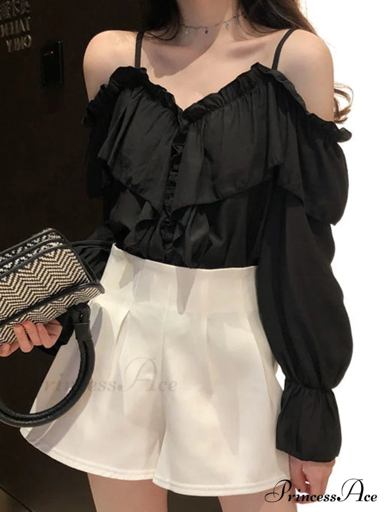 Casual Loose Spaghetti Strap Flare Sleeve Ruffles Tops