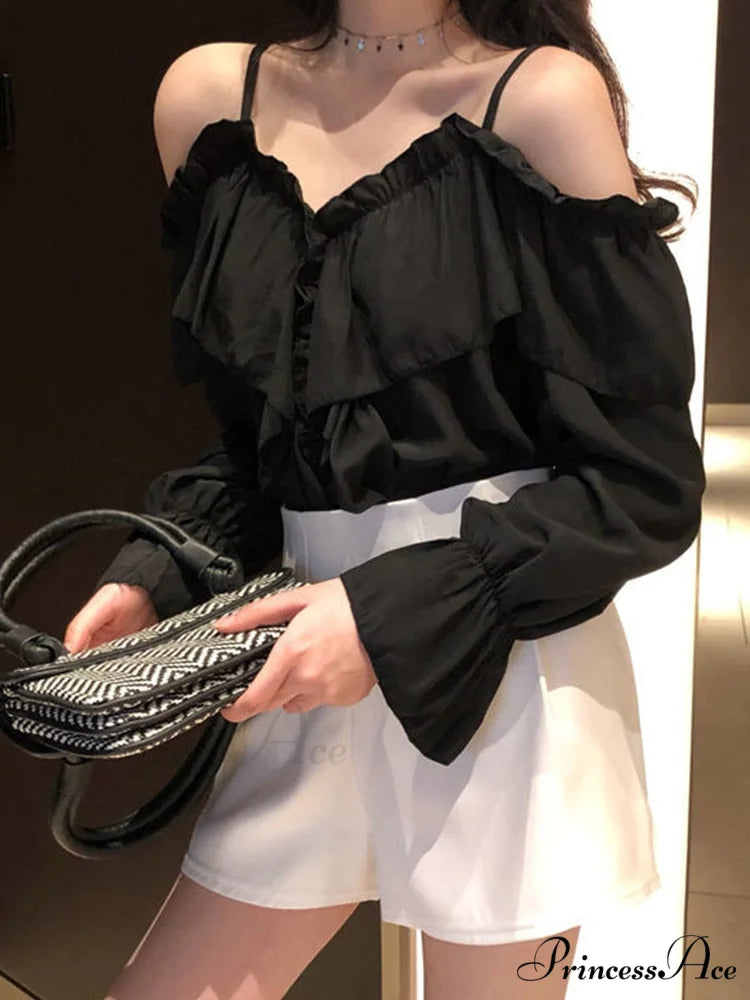 Casual Loose Spaghetti Strap Flare Sleeve Ruffles Tops