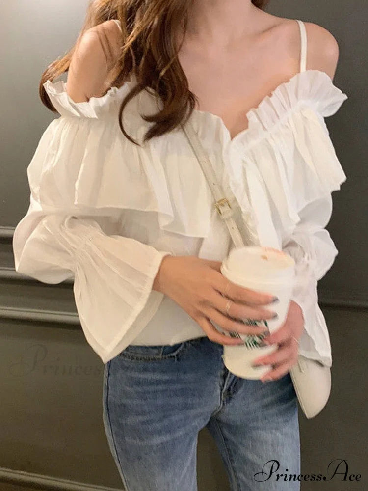 Casual Loose Spaghetti Strap Flare Sleeve Ruffles Tops