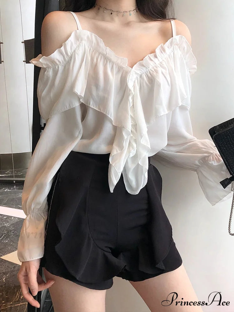 Casual Loose Spaghetti Strap Flare Sleeve Ruffles Tops