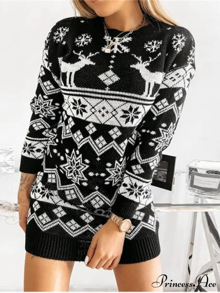 Casual O-Neck Long Sleeve Christmas Sweater Dress