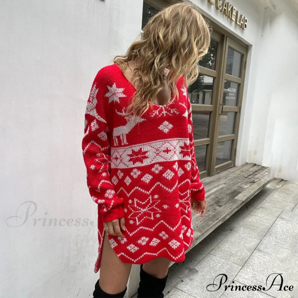 Casual O-Neck Long Sleeve Christmas Sweater Dress