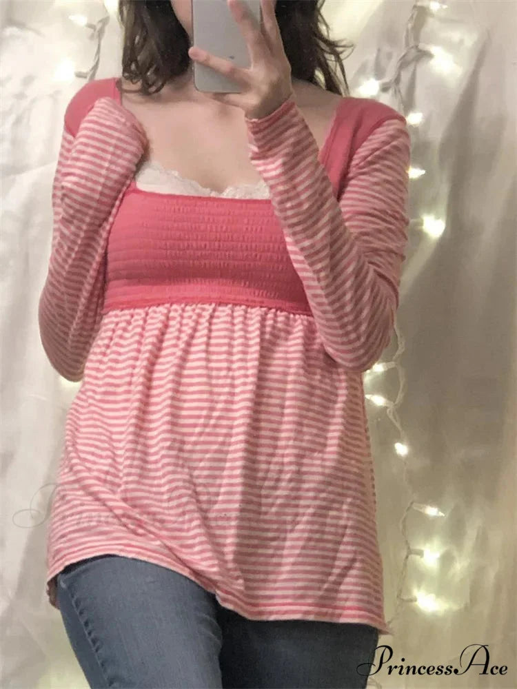 Casual Patchwork Square Neck Retro Striped Print T-shirts