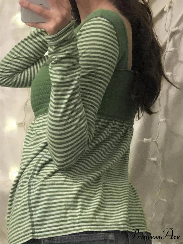 Casual Patchwork Square Neck Retro Striped Print T-shirts