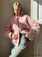 Casual Pink Loose Bomber Autumn Chic Single Breasted Stand Collar Long Sleeve Stylish Coat
