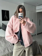Casual Pink Loose Bomber Autumn Chic Single Breasted Stand Collar Long Sleeve Stylish Coat