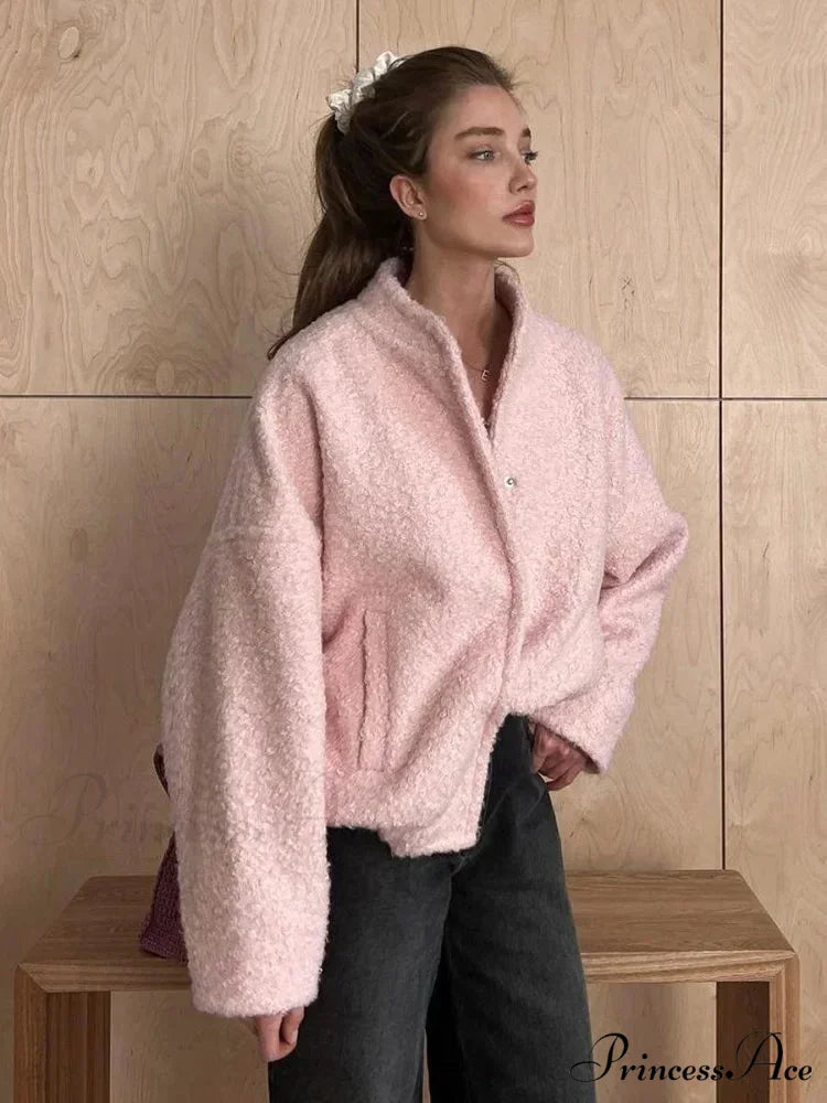 Casual Pink Loose Bomber Autumn Chic Single Breasted Stand Collar Long Sleeve Stylish Coat