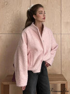 Casual Pink Loose Bomber Autumn Chic Single Breasted Stand Collar Long Sleeve Stylish Coat