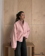 Casual Pink Loose Bomber Autumn Chic Single Breasted Stand Collar Long Sleeve Stylish Coat