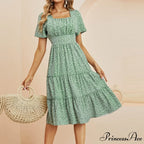 Casual Short Sleeve Square Collar Ruffles Chiffon Dress