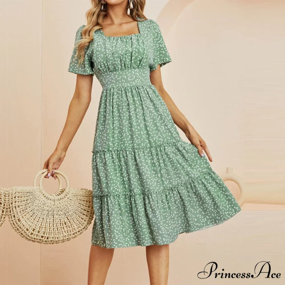 Casual Short Sleeve Square Collar Ruffles Chiffon Dress