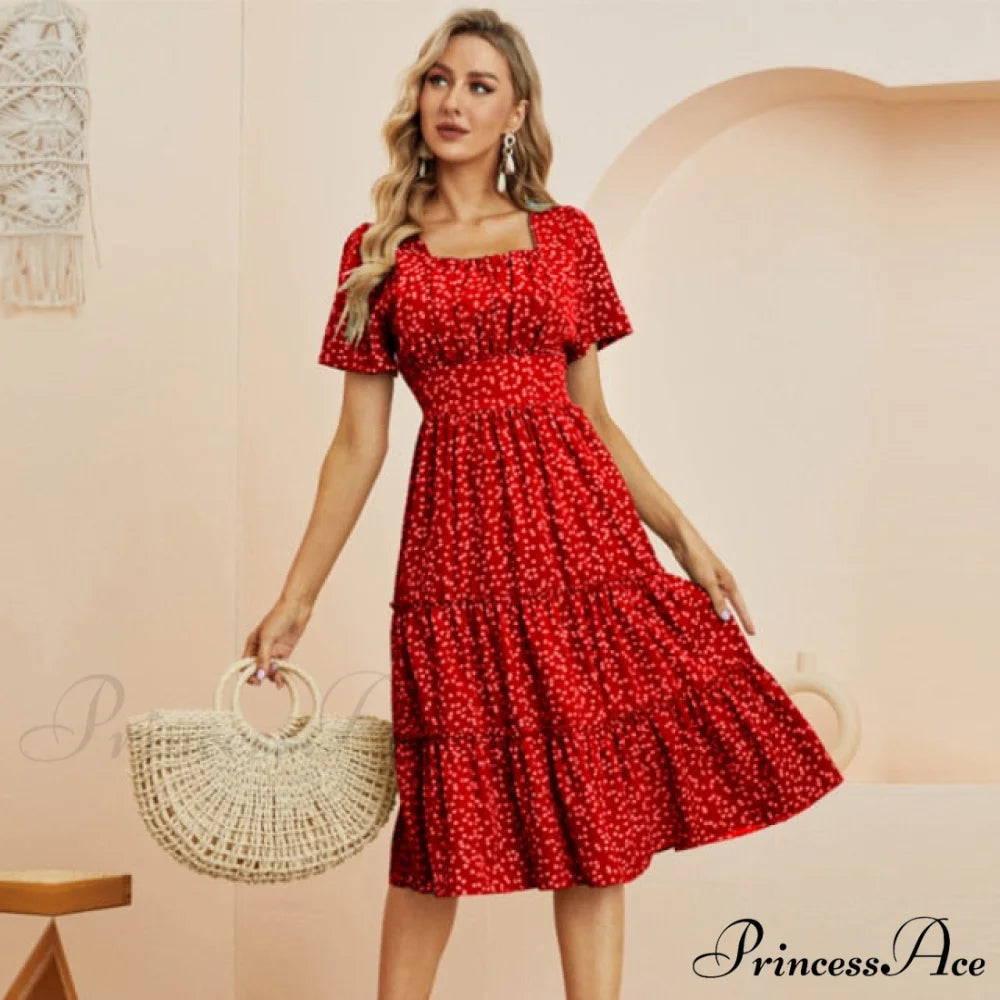 Casual Short Sleeve Square Collar Ruffles Chiffon Dress