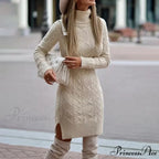 Casual Solid Color Long-Sleeved High-Neck Split Tight Dress