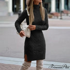 Casual Solid Color Long-Sleeved High-Neck Split Tight Dress