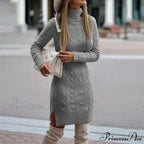 Casual Solid Color Long-Sleeved High-Neck Split Tight Dress