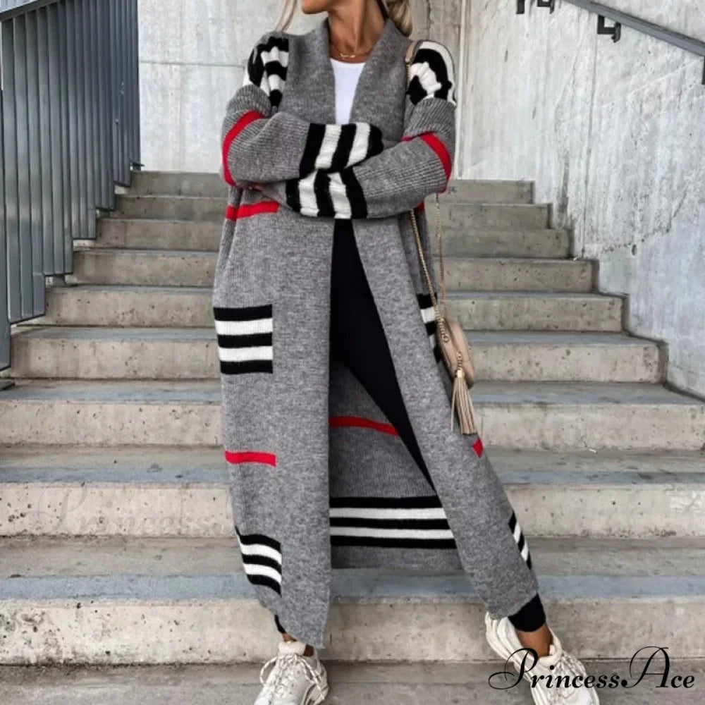 Casual Striped Color Matching Knitted Long Sweaters Cardigan