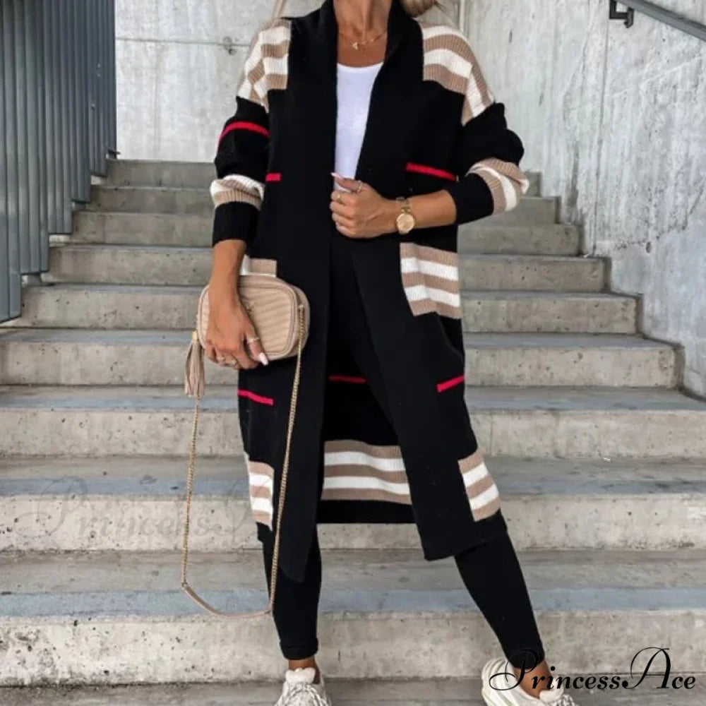 Casual Striped Color Matching Knitted Long Sweaters Cardigan