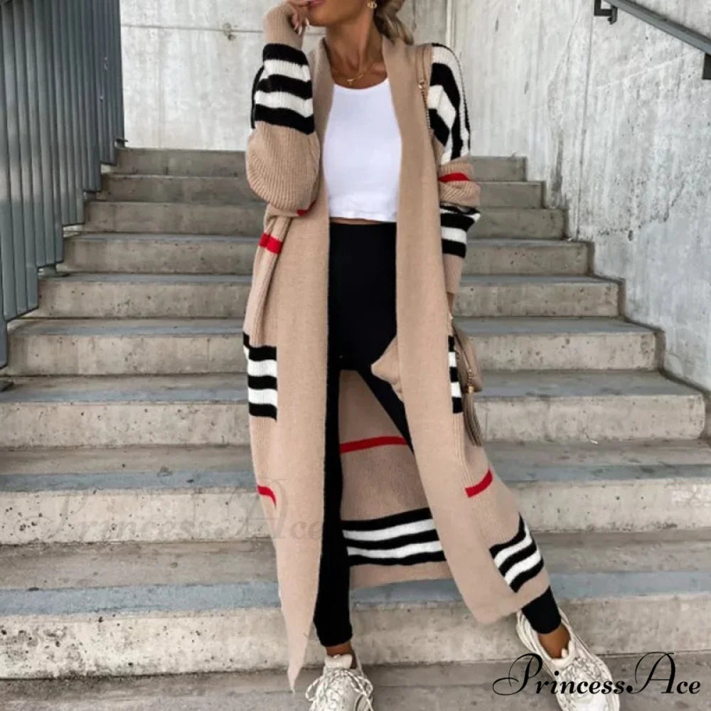 Casual Striped Color Matching Knitted Long Sweaters Cardigan
