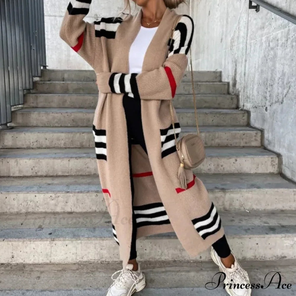 Casual Striped Color Matching Knitted Long Sweaters Cardigan