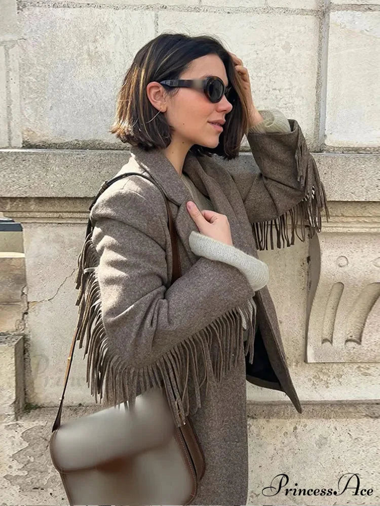 Casual Tassels Patchwork Long Sleeves Lapel Single Breasted Buckle Slim Stylish Coat