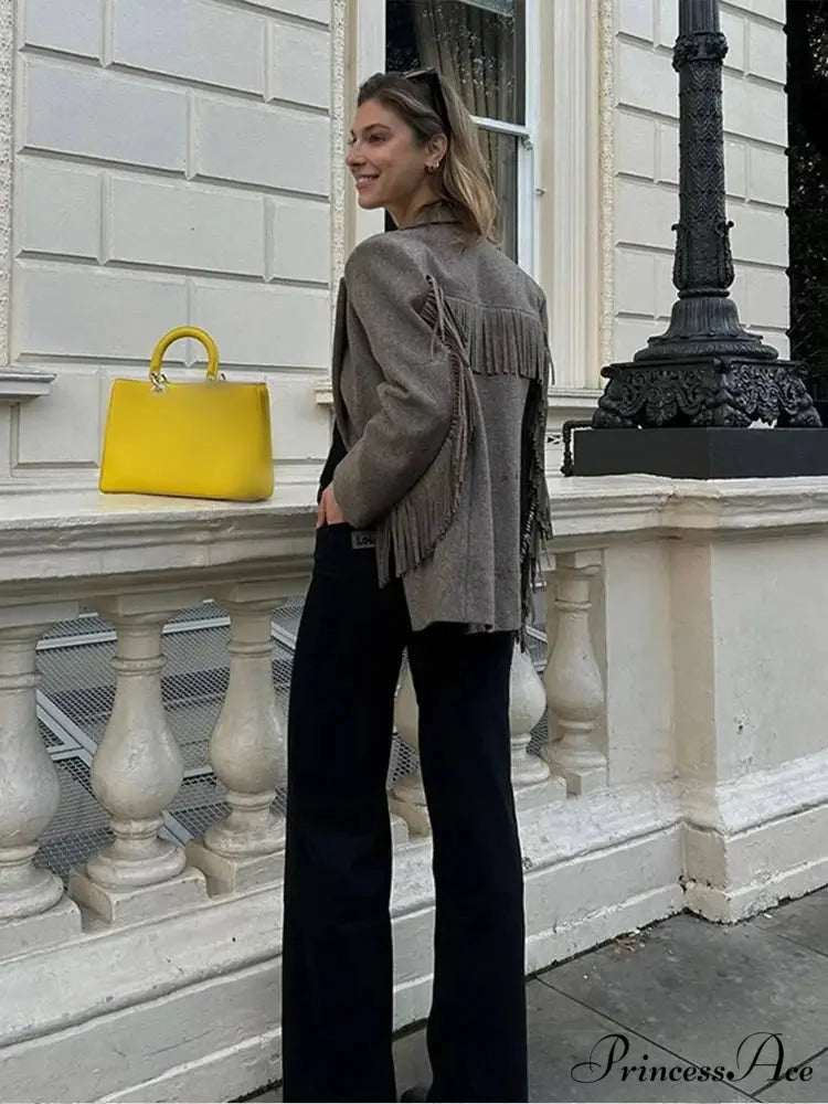 Casual Tassels Patchwork Long Sleeves Lapel Single Breasted Buckle Slim Stylish Coat