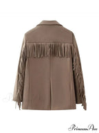 Casual Tassels Patchwork Long Sleeves Lapel Single Breasted Buckle Slim Stylish Coat