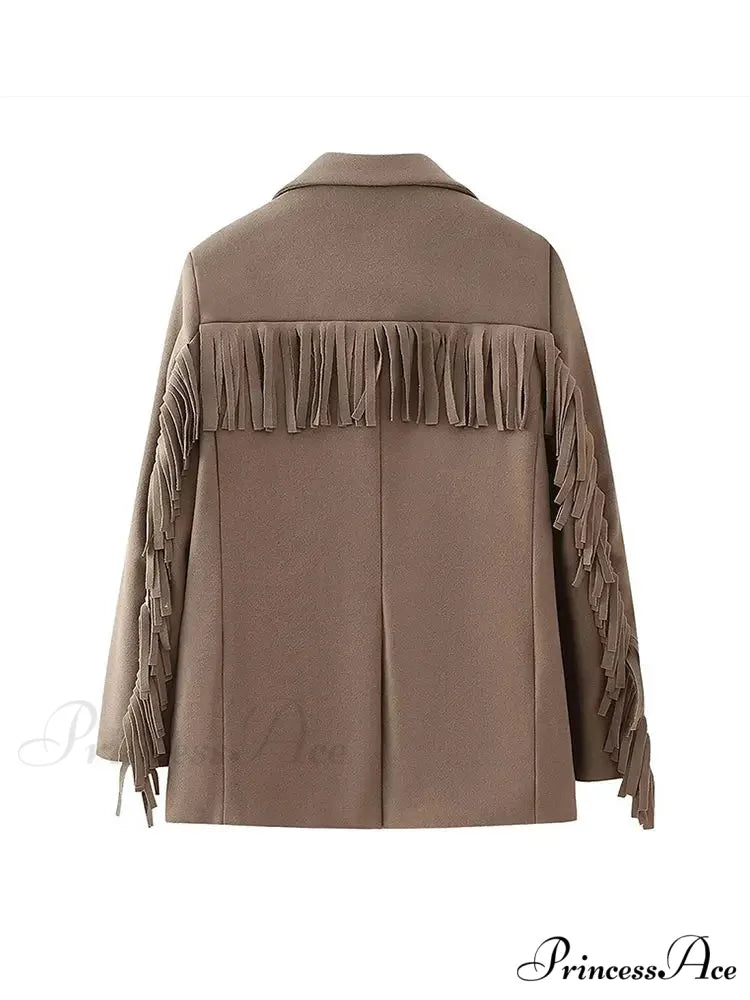 Casual Tassels Patchwork Long Sleeves Lapel Single Breasted Buckle Slim Stylish Coat