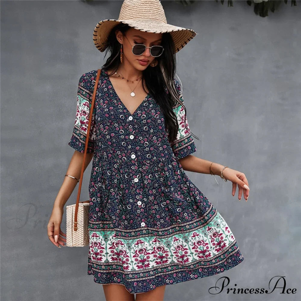 Casual V Neck Bohemian Short Sleeve Dress
