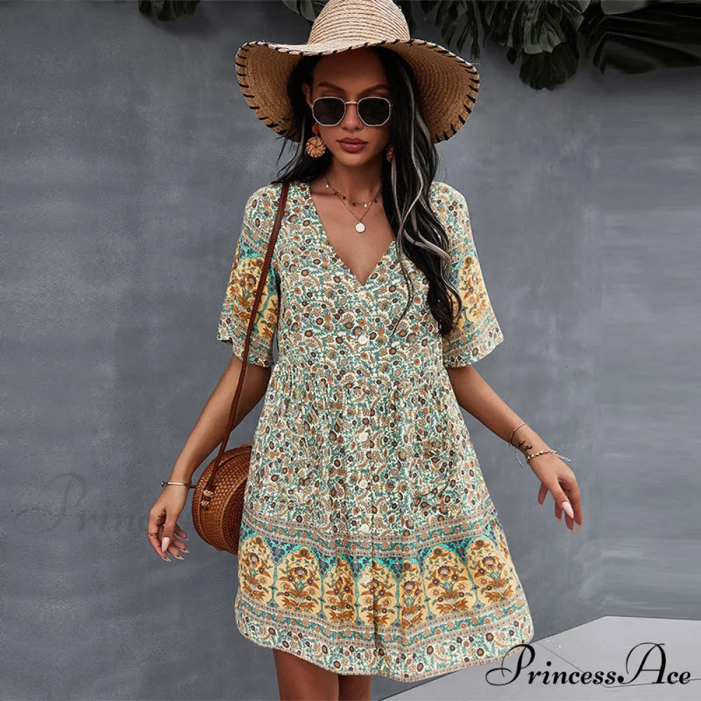 Casual V Neck Bohemian Short Sleeve Dress