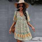 Casual V Neck Bohemian Short Sleeve Dress