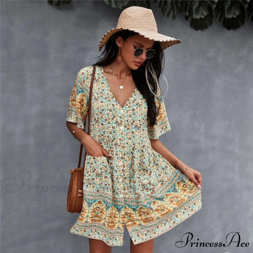 Casual V Neck Bohemian Short Sleeve Dress